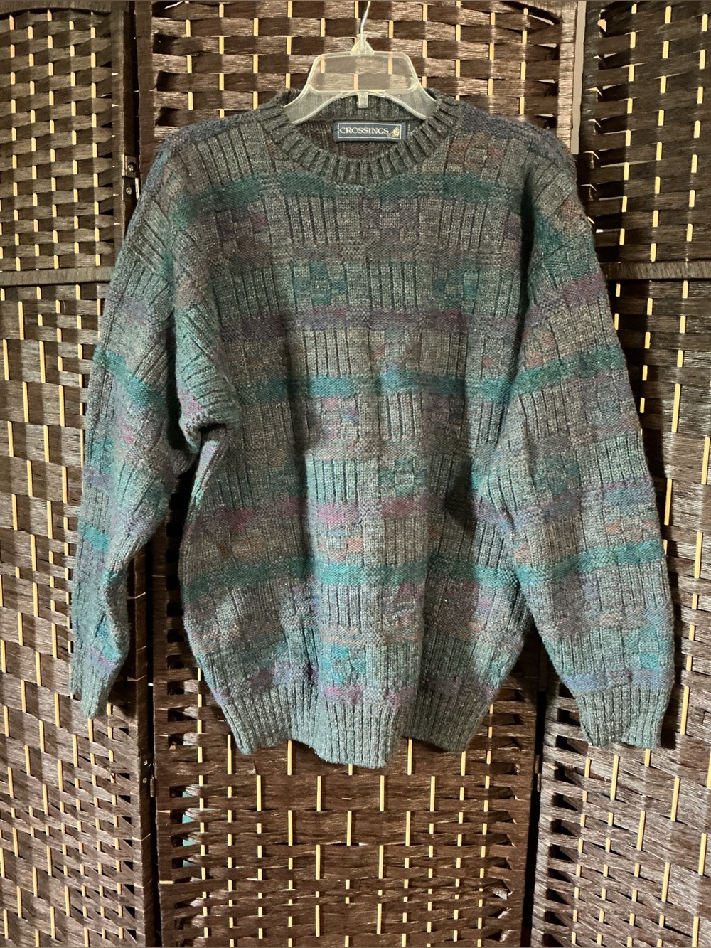 Crossings Men's Teal-Green Patterned Crewneck Sweater